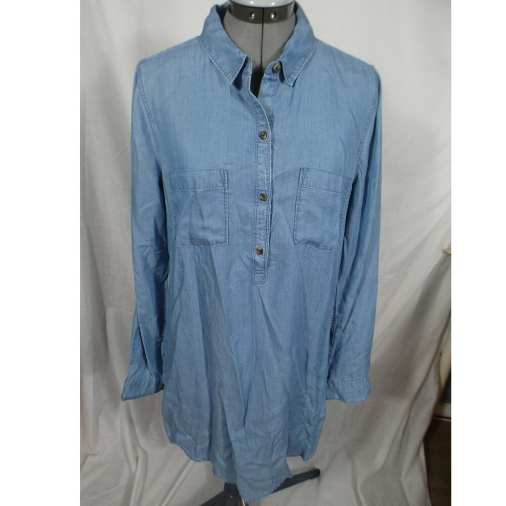 SO Women's Large Shirt Dress Lyocell Long Sleeves 1/2 Button Front Light Weight